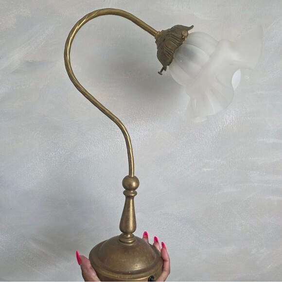 Vintage Brass And Glass Gooseneck Table Lamp/Decorative Nightstand French 16x11 - Picture 12 of 12